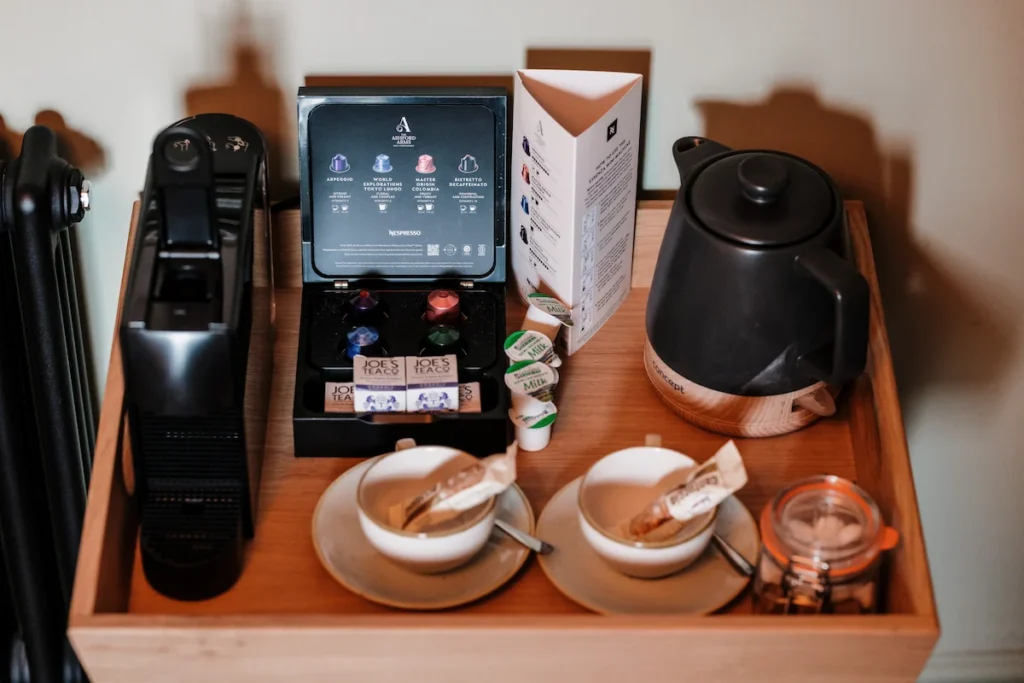 Bedroom-hotel-amenities-tea-coffee-ashford-arms Tea and coffee making facilities in room at The Ashford Arms.