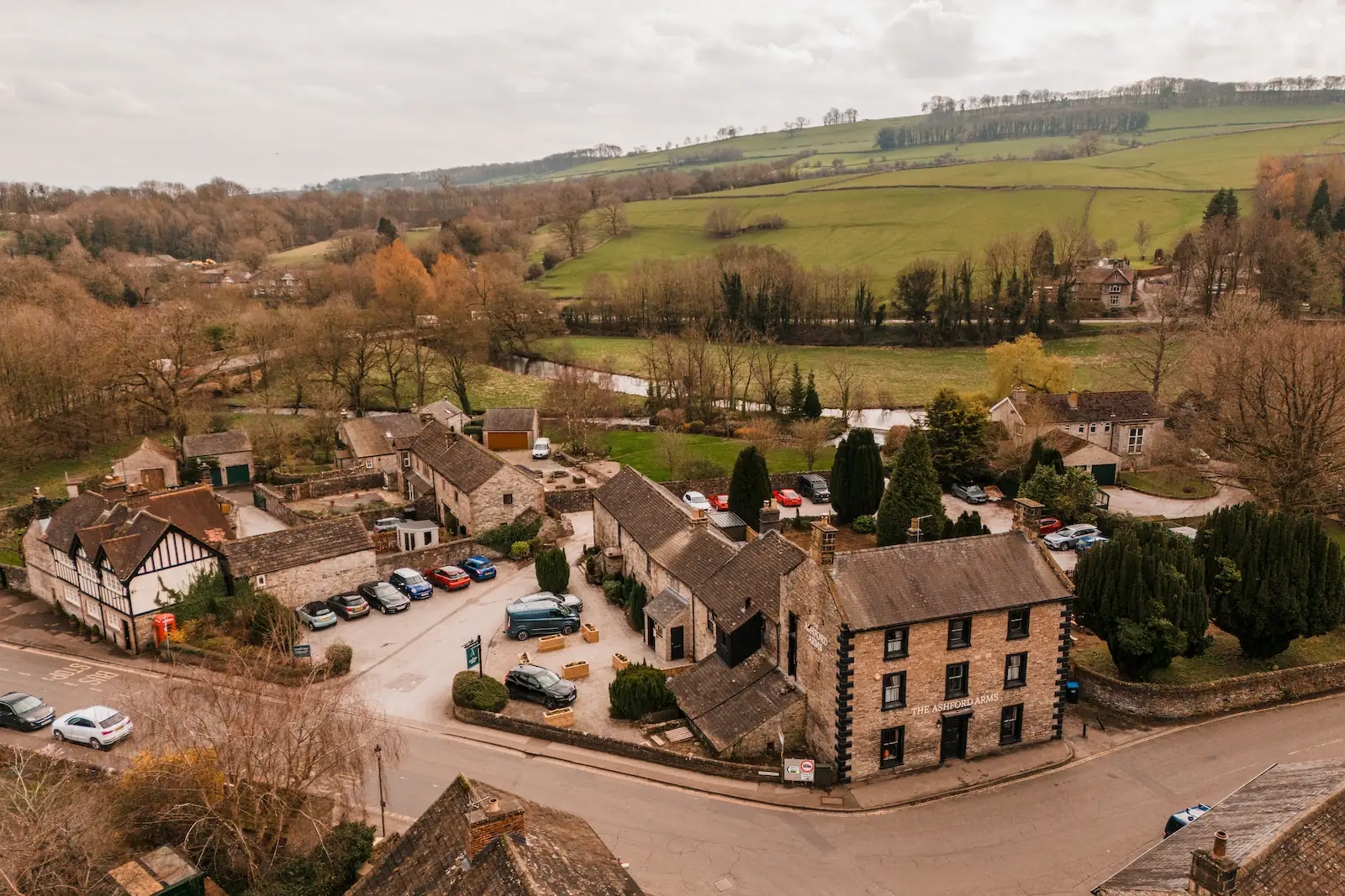 A drone exterior shot of The Ashford Arms